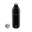 Open black SMEG stainless steel reusable bottle with detached silver lid shown against a light grey background.