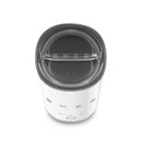 Top-down view of the white SMEG milk frother with transparent lid featuring embossed SMEG branding.