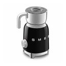 Rear three-quarter view of the black SMEG multi milk frother with stainless steel jug, clear lid and side-mounted control dial.