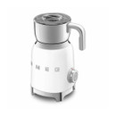 Three-quarter view of the white SMEG multi milk frother highlighting the retro-inspired design, control dial and polished stainless steel details.