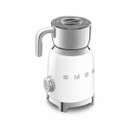Rear three-quarter view of the white SMEG multi milk frother showing the handle, transparent lid and side-mounted function selector.