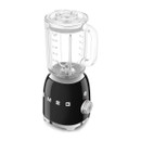 Three-quarter side view of the black SMEG jug blender displaying the transparent Tritan™ jug, ergonomic handle, control dial and signature SMEG branding.