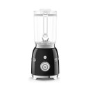 Front view of the SMEG jug blender in black, featuring a 1.5L Tritan™ blending jug, pulse function button and start/stop control set within the iconic retro-inspired design.