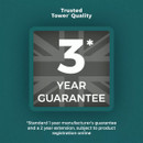 Tower quality assurance graphic showing the included 3-year guarantee, consisting of a standard 1-year manufacturer guarantee plus a 2-year extension upon product registration.