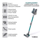 Feature graphic highlighting the Tower VL80 Flexi Pet cordless vacuum cleaner's 3-in-1 functionality, motorised anti-tangle floor head, 29.6V lithium-ion battery, detachable handheld mode, flexi-pole design and lightweight construction.