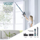 Lifestyle image highlighting the lightweight 1.3kg handheld body and included accessories, including a turbo pet brush, wall mount, brush tool and crevice tool.