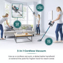Lifestyle image demonstrating the vacuum's versatile 3-in-1 design, including floor cleaning, handheld operation for furniture and extended reach for high-level cleaning tasks.