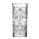 Single clear highball glass featuring an intricate embossed decorative pattern, designed for everyday use and entertaining.