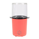 Giles & Posner popcorn maker in coral pink with clear popping chamber and one-touch operation button, shown on a white background.