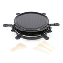 Giles & Posner raclette grill with six individual pans and wooden spatulas, shown on a white background.