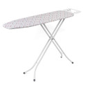 Kleeneze ironing board with diamond stripe cover, sturdy metal frame and integrated iron rest on a white background.