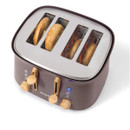 Top-angled view of the Salter Malmo 4-slice toaster with bread toasting, showcasing the stainless steel top and independent controls.