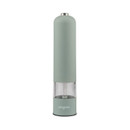 Individual Progress electric salt or pepper mill in a sage green finish with transparent spice chamber and one-touch operation.