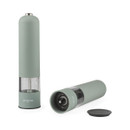 Progress electric spice mills with one grinder laid horizontally to display the grinding mechanism and removable base cap.