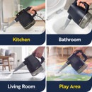 Multi-surface cleaning collage showing the digital steam cleaner in use around the kitchen, bathroom, living room and play area.