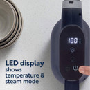 LED control panel on the Beldray digital steam cleaner displaying temperature settings and steam mode selection.