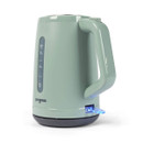 Side view of the Progress Neutrals kettle with integrated water gauge, illuminated switch and soft pastel green finish.