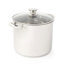 Side view of the Russell Hobbs 24cm stainless steel stockpot with tempered glass lid and sturdy handles.