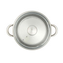 Top-down view of the Russell Hobbs stockpot with glass lid, showing the wide cooking surface and dual side handles.