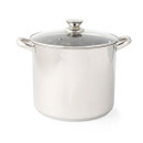 Russell Hobbs 26cm stainless steel stockpot with tempered glass lid and sturdy side handles on a white background.