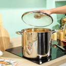 Russell Hobbs 26cm stainless steel stockpot with glass lid being opened while cooking a hearty stew on an induction hob.