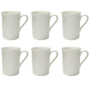 Set of six plain white ceramic mugs with a contemporary tapered shape and curved handle, displayed in multiple product views on a plain background.