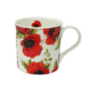 White ceramic mug with bold red poppy flowers, black floral centres and green leaf detailing, isolated on a plain background for product photography.