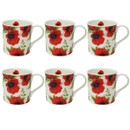 Set of six ceramic mugs featuring a vibrant red poppy floral pattern with green foliage on a white background, displayed in multiple product views.
