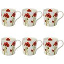 Set of six white ceramic mugs featuring delicate red poppy flower illustrations with slender green stems, displayed in multiple product views on a plain background.