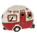 Vintage-style red and cream ceramic caravan ornament decorated with Christmas bunting, holly wreaths and festive detailing, displayed on a white background.