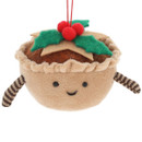 Plush Christmas mince pie decoration with a smiling face, striped mittens, holly leaves and red berries, suspended from a hanging loop against a white background.