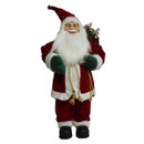 Decorative Santa Claus figure in a red velvet-style suit with white fur trim, green mittens and a long white beard, carrying a festive sack with candy canes and Christmas greenery on a white background.