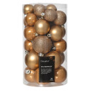 Tub of assorted shatterproof champagne gold Christmas baubles in matte, glossy and glitter finishes, presented in a clear storage container for coordinated Christmas tree decoration.