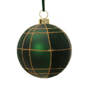 Luxury dark green Christmas bauble ornament featuring a velvet-effect and matte finish design with gold glitter lattice detailing, gold hanging cap and green velvet ribbon.