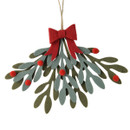 Felt mistletoe Christmas decoration with layered green leaves, red pom-pom berries and a red bow, suspended from a rustic jute hanging loop for festive seasonal décor.