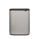 Front view of the Brabantia Bo Touch Bin 60L in Mineral Concrete Grey with black lid and sleek contemporary finish against a plain background.