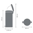 Technical dimensions diagram of the Brabantia NewIcon Pedal Bin 30L showing diameter, height and lid opening clearance measurements.