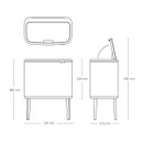 Technical dimensions diagram of the Brabantia Bo Touch Bin Hi recycling bin showing width, depth, height and lid opening measurements.