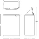 Technical dimensions diagram of the Brabantia Touch Bin 60L showing width, depth, height and lid opening clearance measurements.