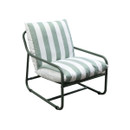 Green metal outdoor lounge chair with wide green and white striped seat and back cushions, shown on a plain light background.