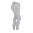 Women's white riding breeches shown from the side on a white background, featuring a streamlined stretch fit, belt loops, front pockets, silicone grip seat panel and branded grip detailing at the lower leg.