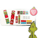 The Grinch Christmas crackers contents display showing included paper crowns, jokes, mini activity books and novelty gifts, alongside themed cracker designs and character artwork.