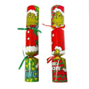 Two The Grinch Christmas crackers shown upright, featuring festive red and green designs, Grinch character illustrations and ribbon bows against a white background.