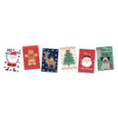 Assorted Christmas-themed sticker designs included with the mini crackers, featuring Santa, a gingerbread man, reindeer, Christmas tree, festive greetings and a Christmas dog illustration.