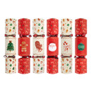 Set of 6 mini Christmas crackers in assorted red and cream festive designs with Santa, gingerbread men, candy canes, Christmas trees and baubles, finished with red curling ribbon ties.