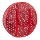 Round red Christmas wreath storage bag with carry handles, decorated with a white star and “Ho Ho Ho” pattern. Durable storage solution for keeping wreaths clean, protected and easy to transport.