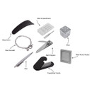 Selection of Christmas cracker gifts including a shoe horn, star bracelet, pen, mini screwdriver set, nail clippers, travel hair comb, dice and mini photo frame.