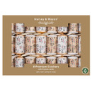 Harvey & Mason pack of eight premium Christmas crackers featuring soft gold and ivory botanical designs with holly berries and foliage, complete with place cards, gifts, hats, mottos and snaps.