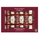 Harvey & Mason pack of eight premium Christmas crackers featuring elegant woodland deer and festive foliage designs in burgundy, cream and gold, complete with place cards, gifts, hats, mottos and snaps.