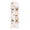 Set of Christmas crackers with coordinating deer and woodland foliage designs in cream, gold and soft green tones, finished with metallic gold ribbon ties and festive detailing.